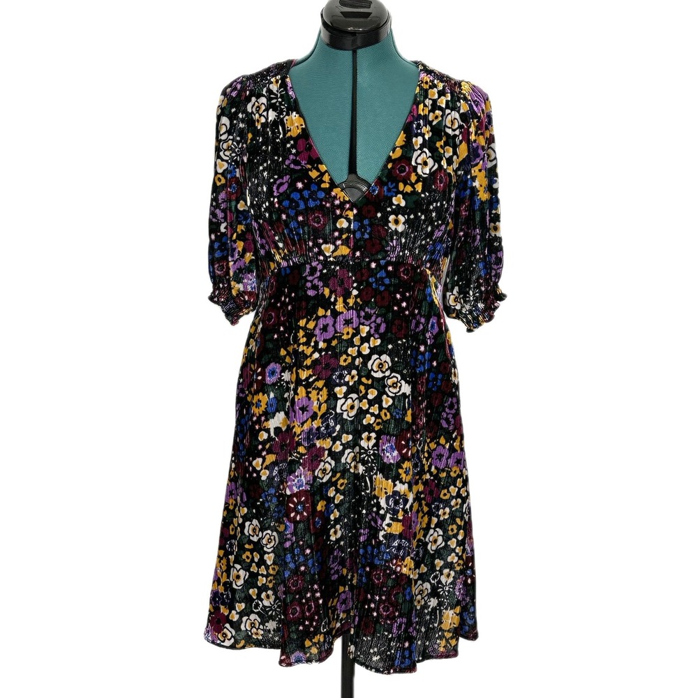 Anthropologie Francie Floral Velvet Mini Dress 6 Multicolor V-Neck Puff Sleeve